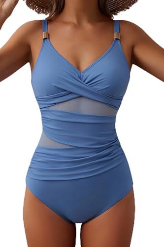 EVOCRCO Women's Mesh One Piece Swimsuits Tummy Control V Neck Bathing Suit Sexy Push Up Swim Suit Slimming Swimwear (Light Blue,XXL)