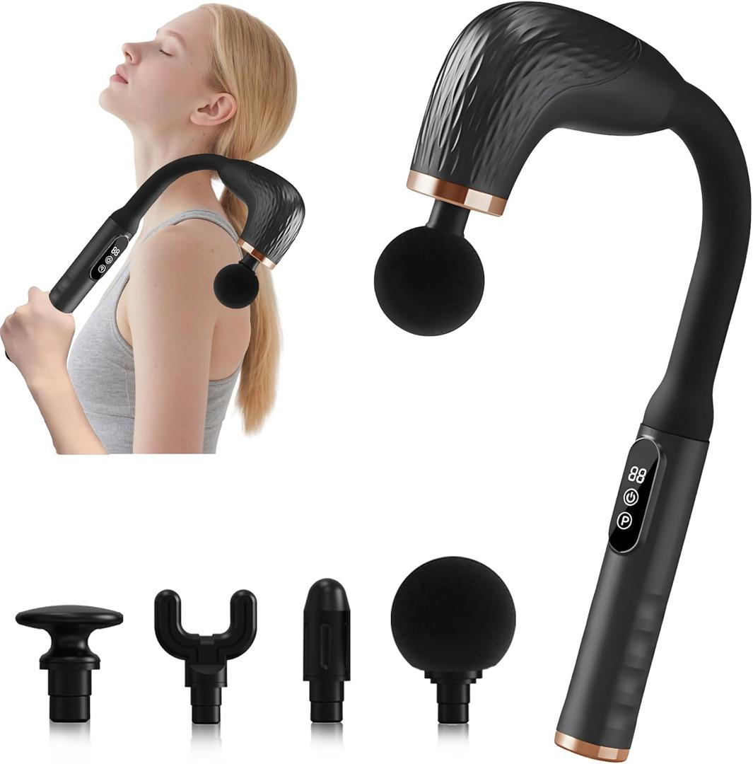 Massage Gun with Upgraded Extension Handle, Back Massager for Pain Relief Deep Tissue, Muscles/Neck/Shoulders/Waist/Legs Massager with 4 Massage Heads & 6 Speed Levels & 3 Massage Modes (Black Gold)