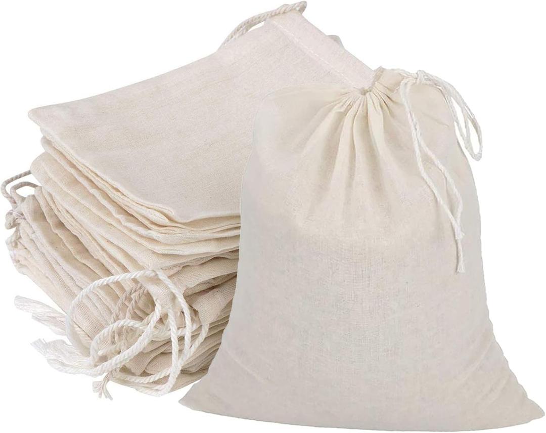 20 Pcs Muslin Drawstring Bags - Natural Unbleached Cotton Straining Bags for Herbs, Cheese, Coffee, Tea, Soup, Broth, Spices (8 x 10 inches)