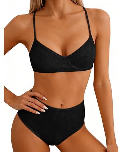 Jolefille Underwire Bikini Sets for Women High Waisted Swimsuits Tummy Control Ribbed Bathing Suits 2 Piece Push Up Swim Suit, M