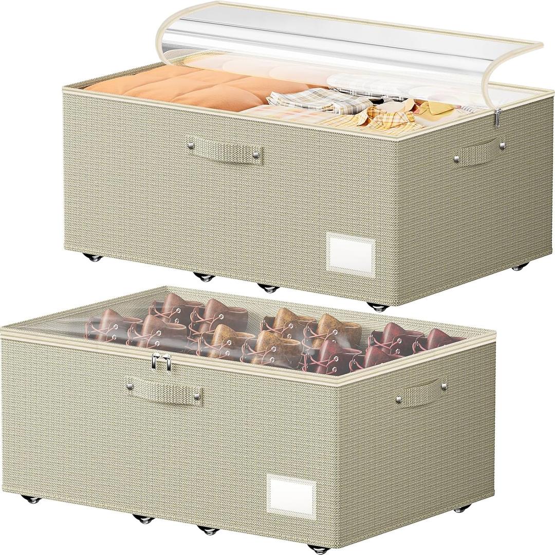 Dayacoco Underbed Storage with Wheels, 2 Pack Under Bed Storage Containers with Clear Lids, No Assembly Required, 10.1 inch Rolling Under Bed Storage for Clothes, Beige