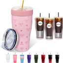 Universal Iced Coffee Sleeve,Double Wall Stainless Steel Insulator Fits 16-32oz Starbucks/Dunkin/McDonalds Cups,Pink Bow Reusable Iced Coffee Cup Holder,Leak-Proof Tumbler for Cold Drink