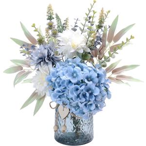 LUEUR Fake Flowers with Vase, Hydrangea Artificial Flowers in Vase Faux Flowers Arrangement Suitable for Home Kitchen Living Room Fall Spring Decor Office Decoration, Centerpiece Table Decorations