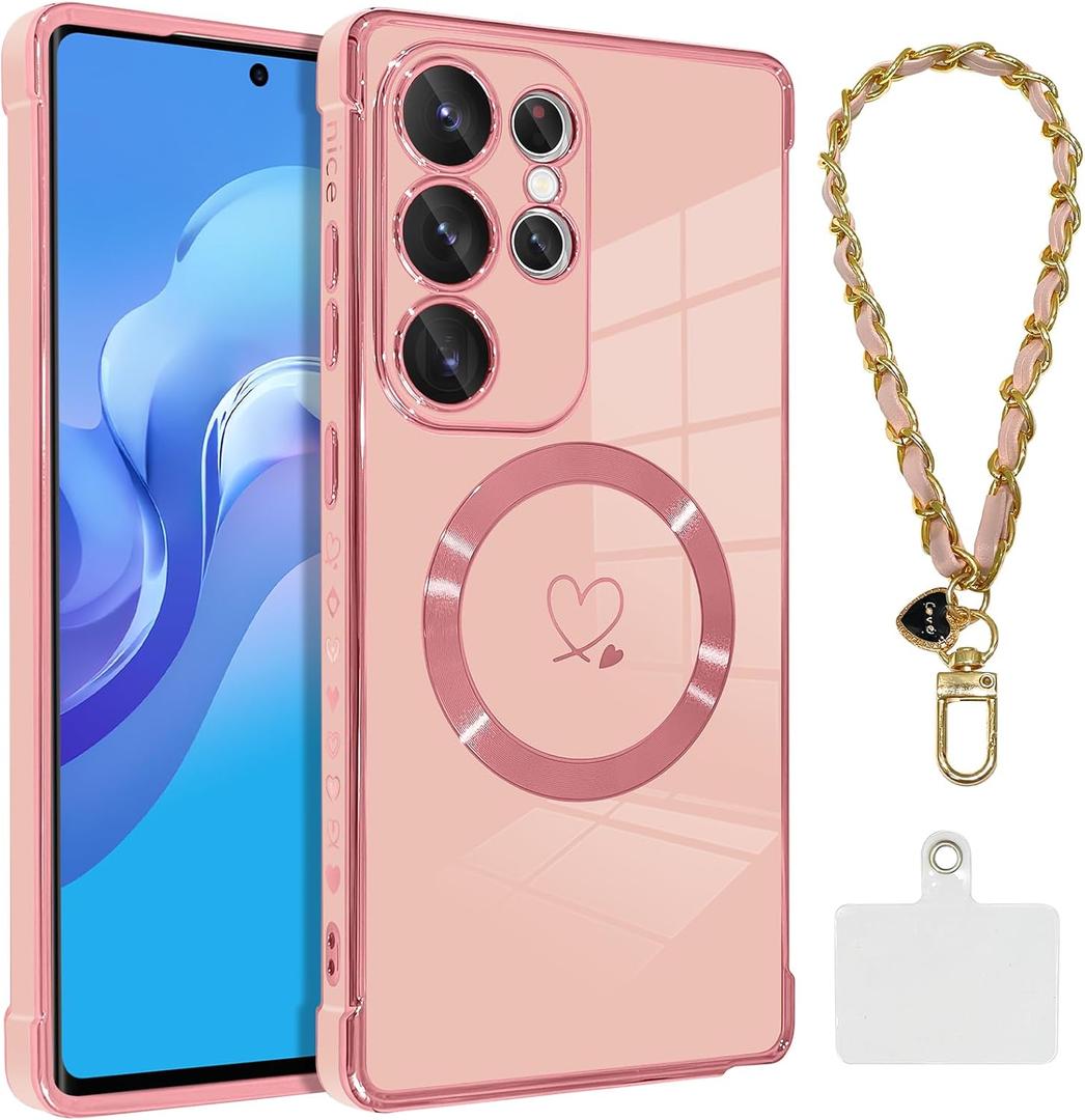 OOK Magnetic Phone Case for Samsung Galaxy S25 Ultra 6.9 Inch [Wireless Charging Compatible] Soft TPU Heart Design Shockproof Protection Electroplated Slim Case with Strap Lanyard - Pink