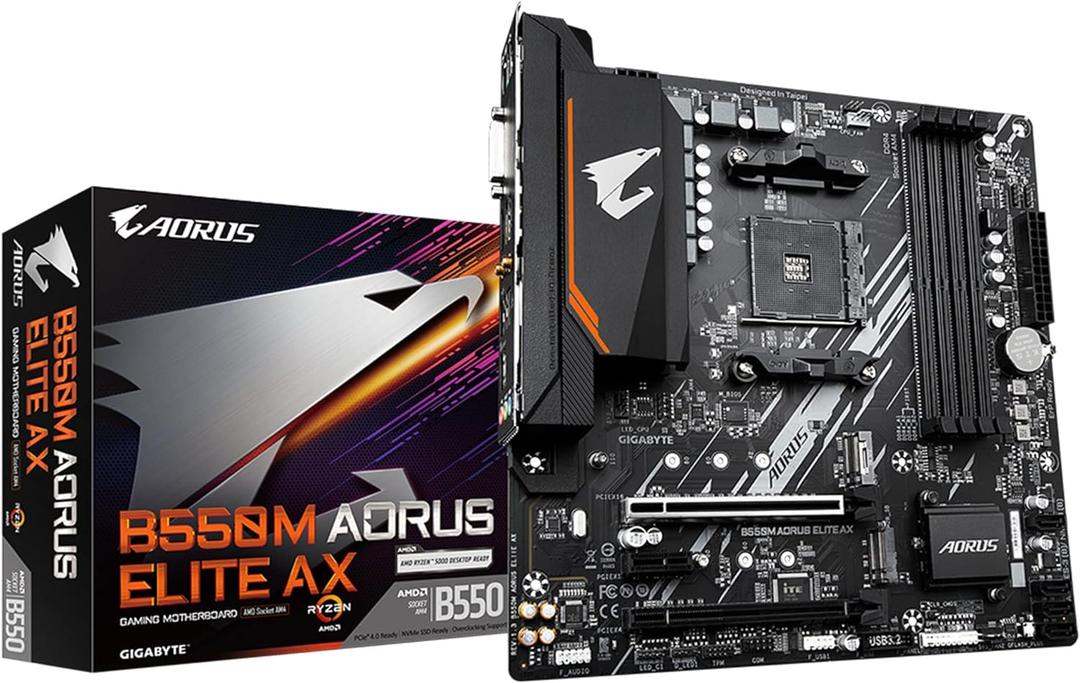 GIGABYTE B550M AORUS Elite AX (rev 1.3) AMD AM4 mATX Motherboard, Supports Ryzen 5000/4000/3000 Processors, DDR4, 5+3 Power Phase, 2X M.2, PCIe 4.0, USB 3.2, WIFI6E, GbE LAN, Q-Flash Plus, RGB Fusion