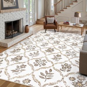 Wonnitar Washable 9x12 Area Rug, Non-Slip Soft Boho Floral Rugs for Living Room, Ultra-Thin Large Bedroom Rug, Farmhouse Rug Floor Carpet for Dining Table (White,9'x12')
