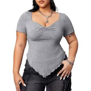 JULYCLO Plus Size Shirt for Women Sweetheart Neck Short Sleeve Shirt Slim Fit Tee Top Sexy Twist Front Top Streetwear, Extra Large, Gray 