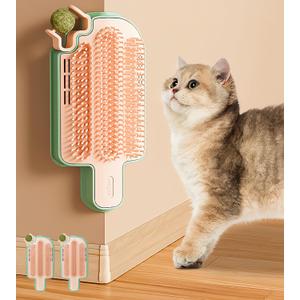 Catnip Toys for Indoor Cats 2 Pack, Stick on Wall Cat Brush with Catnip Ball Toys, 2 in 1 Massage & Self Groomer, Corner Brush (Orange)
