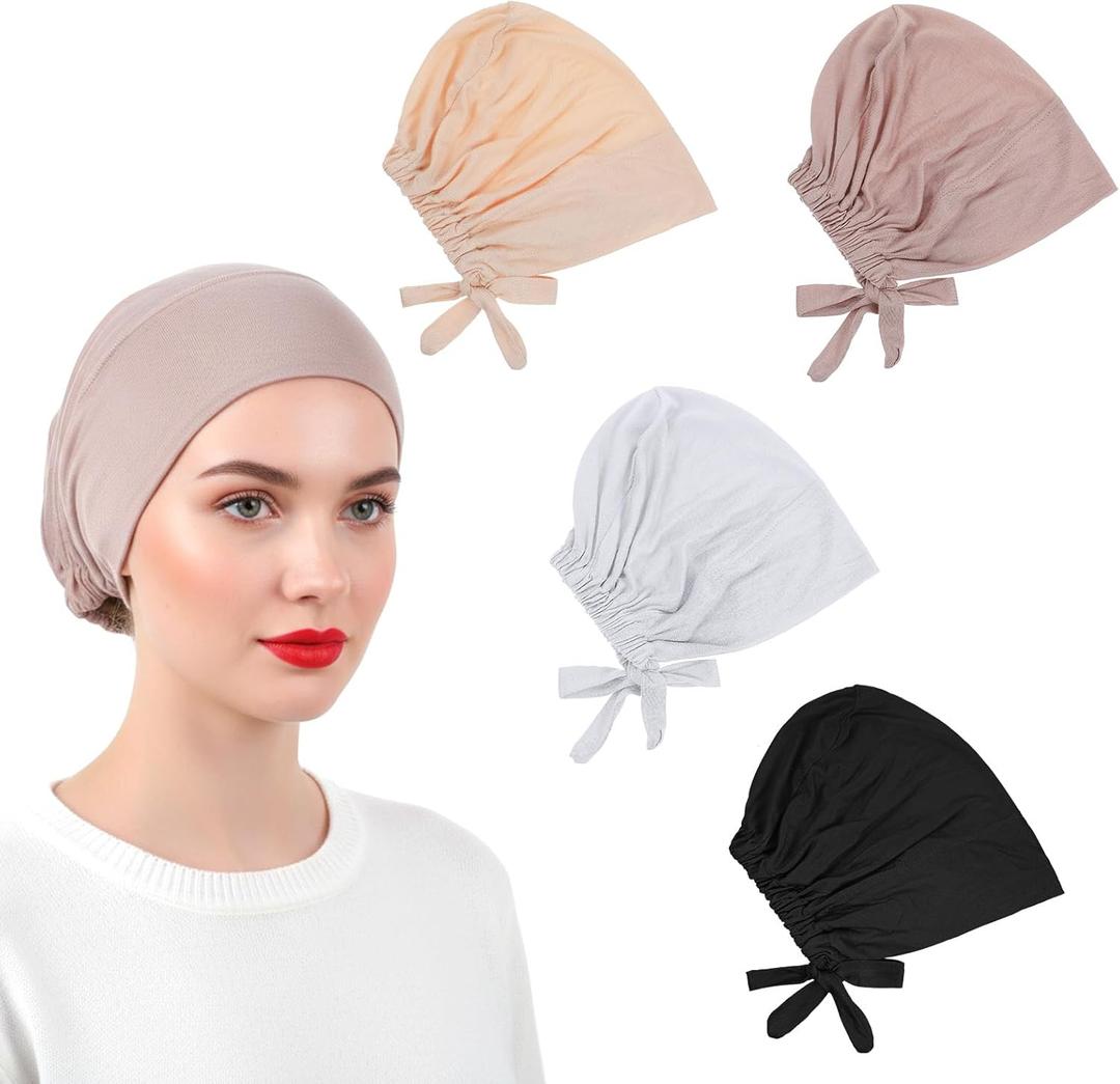 4-Pack Hijab Caps for Women,Elastic Hijab Undercap Non Slip,Adjustable Hijabs Caps with Back Tie, Soft, Comfortable and Breathable Used in Various Occasions in Daily Life