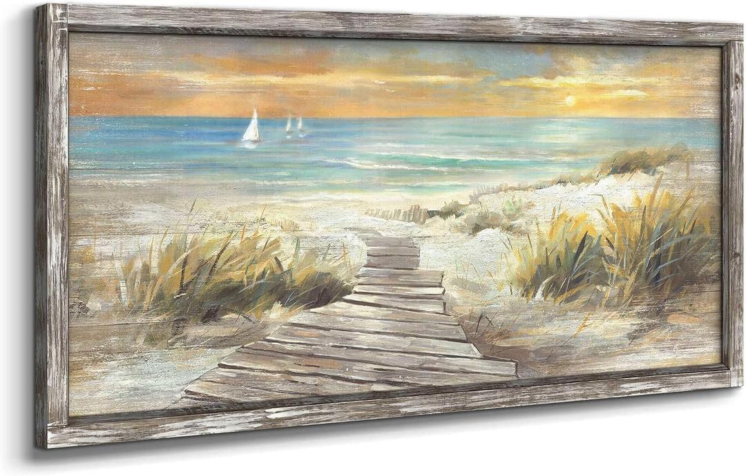 Beach Wall Art for Living Room: Coastal Artwork Walls Framed Hand Painted Heavy Texture Pathway Painting on Seaside Picture Wooden Home(48x24)