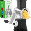 Nutrichef 3 in 1 Cheese Grater & Shredder | Strong Suction Base, Rotary Handle with Safety Lock | Includes Cleaning Brush, Hand Crank & 3 Drum Blades for 3 Textures, Fine, Medium & Strips | Black