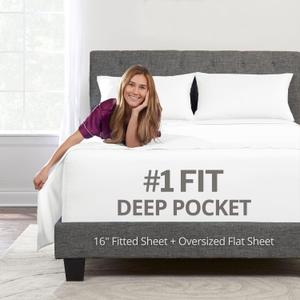 Deep Pocket Queen Bed Sheets  4-Piece Includes: Real 16 Inch Extra Deep Pocket Fitted Sheet [Best-Fit for 14-18 Mattress]  Oversize Flat Sheet  1 Zipper Closure Pillowcase  Bright White
