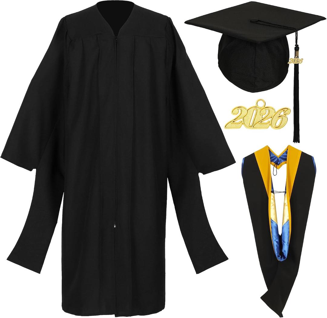 Gradwow Master Graduation Gown Cap Hood Set, Unisex Matte Master's Degree Regalia with Tassel for University (Gold/Royal Blue/Gold, 51)