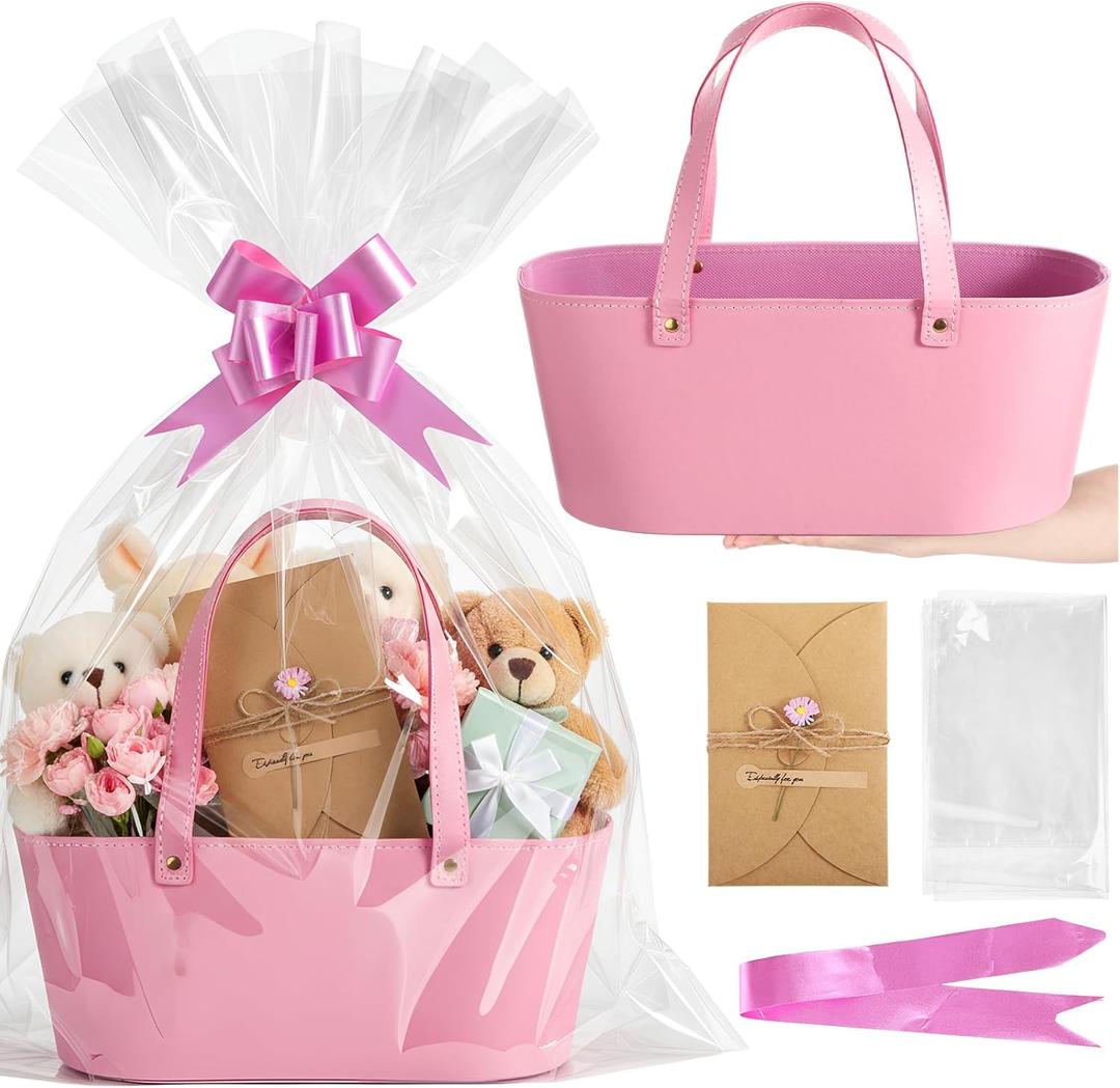 Wonderjune Empty Gifts Baskets Gift Basket with Leather Gift Bags Ribbons Greeting Cards Empty Baskets with Handles for Easter Lover Birthday Shower Favor Wrapping(Pink,Large) (2 count (Pack of 1))