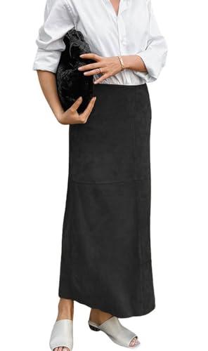 CHARTOU Women Fall Winter Elegant Faux Suede Leather Regular Fit Pencil Maxi Long Skirt (X-Large, Black)