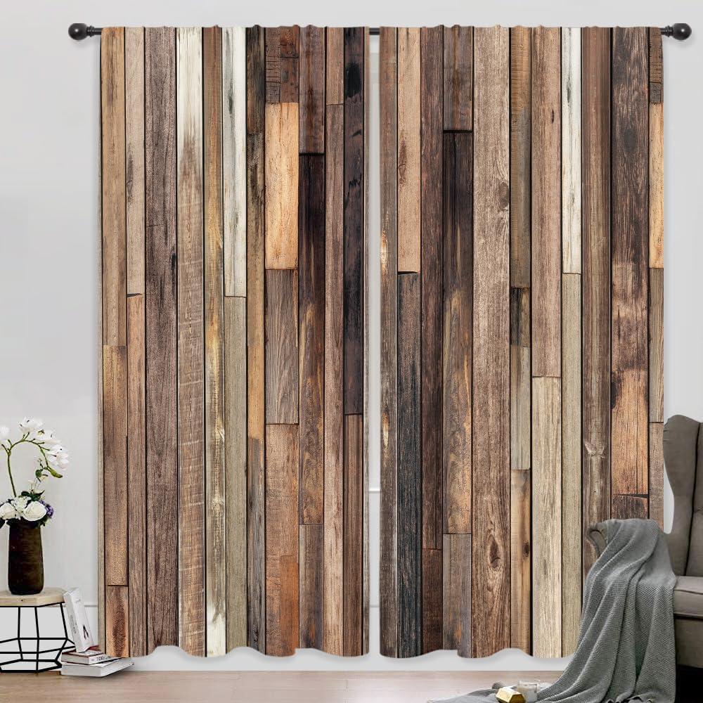 Riyidecor Rustic Wooden Barn Door Curtains Rod Pocket Wood Plank Brown Barnwood Western Country Style Lodge Farmhouse Printed Living Room Bedroom Window Drapes Treatment Fabric (2 Panels 52 x 84 Inch)