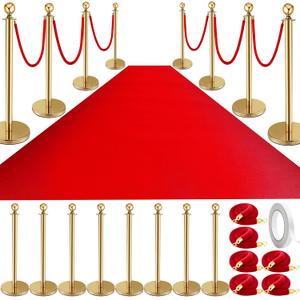 Pelopy 16 Pcs Stanchion Posts Queue Crowd Control Stanchion Velvet Ropes Carpet Set, 38 in Post Sand Injection Hollow Base with Rope for Party Museum (32 ft Carpet,Gold,Red)
