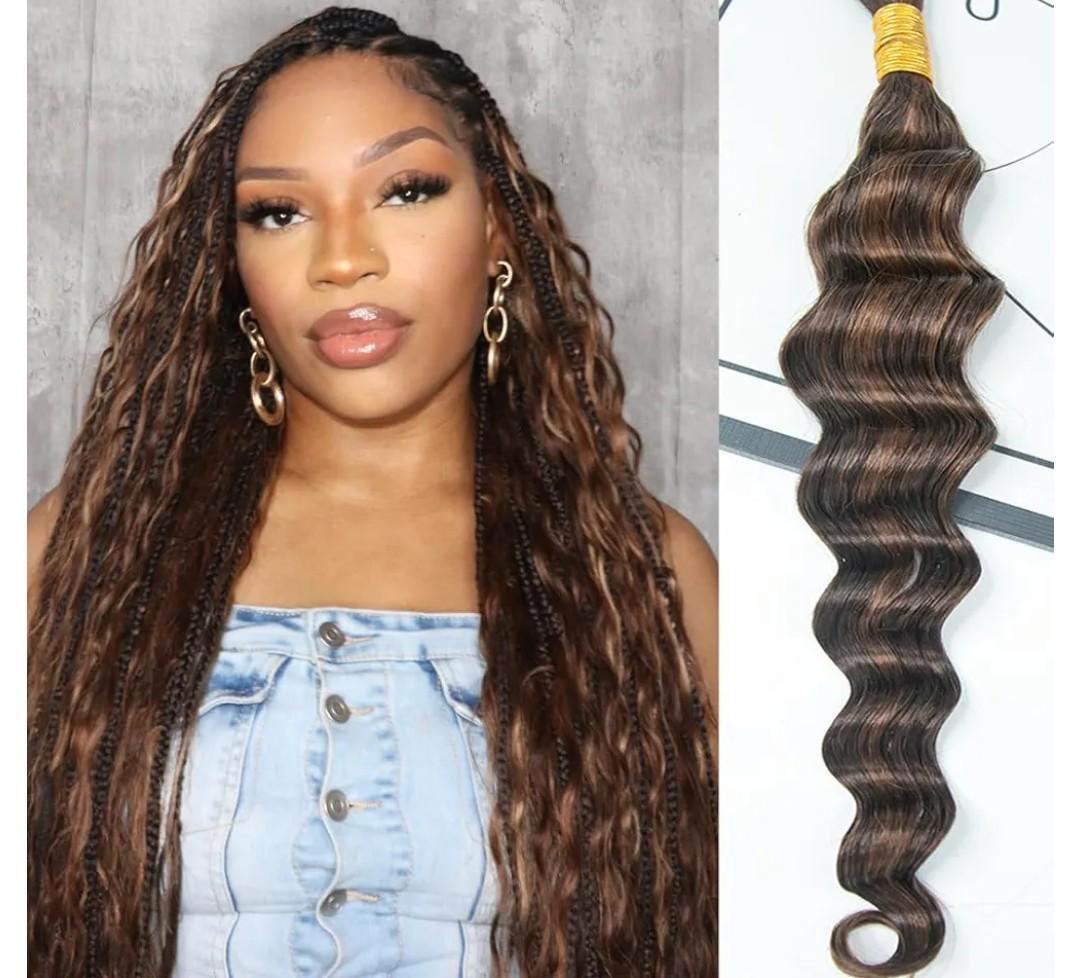 YWIGS Human Braiding Hair for Boho Braids Loose Deep Wave Bulk Human Hair for Braiding 50G No Weft Virgin Human Hair #4/30 18inch