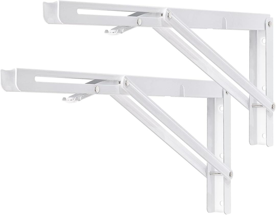 YUMORE Folding Shelf Brackets, 16 Inch Heavy Duty L Bracket, White, 2 Pack | High-Quality Metal, Easy to Install, DIY Collapsible Shelf Bracket for Workbench Folding Table Hinge, Max Load: 330lb