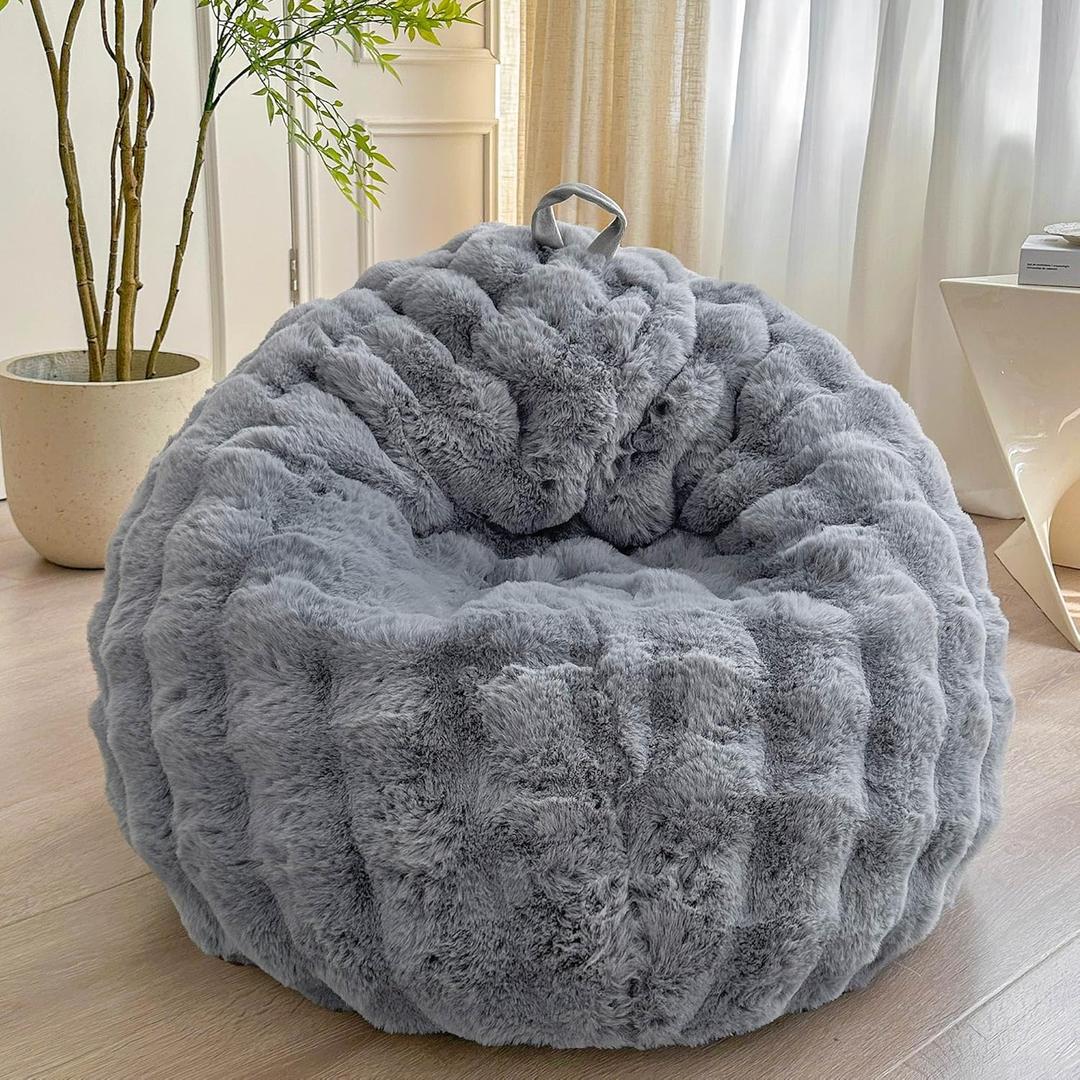 LIFEREVO Fluffy Faux Rabbit Fur Bean Bag Cover (No Filler), Soft Stuffed Fuzzy Animal Storage Bubble Bean Bag Chair for Plush Toys, Gray Shaggy Furry Beanbag Cover Kids Girls Adults 3ft, Light Grey (Large(38"x38"x40"))