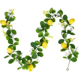 PH Pandahall Artificial Lemon Garland, 5.3 Ft Summer Fake Fruit Garlands Lemon Green Leaves Flower Faux Lemon Greenery Vines Garland for Door Wall Stairs Mantle Home Party Wedding Decor