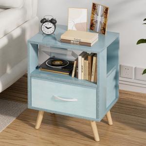 Night Stand, Blue Kids Nightstand with Drawer, Nursery Side Table with Open Storage, 2-Tier Modern End Table, Bedside Table for Small Space, Living Room, Bedroom