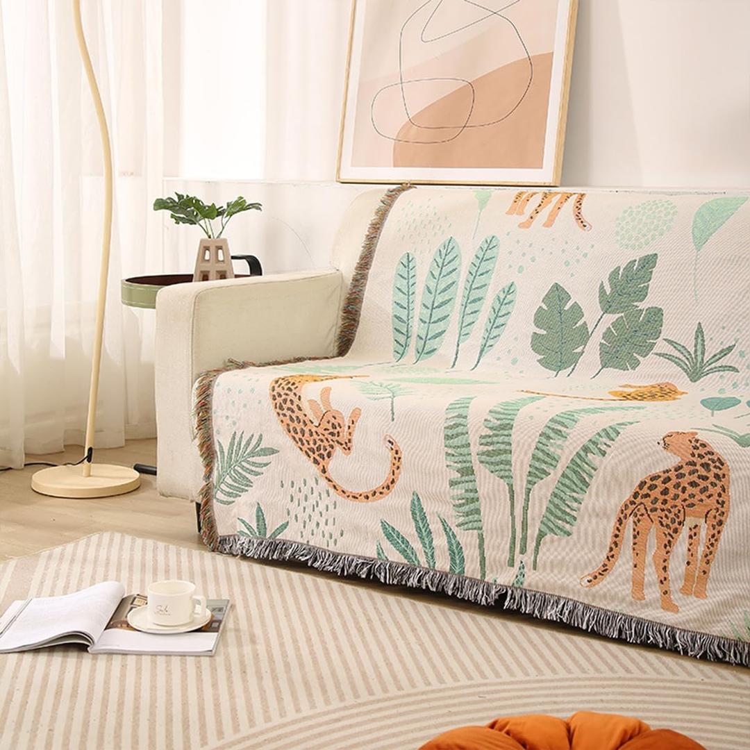 LumiSyne Double-Sided Cotton Woven Throw Blanket with Tassel Jungle Bohemian Style Tapestry Shawl Multi-Function Decorative Throws for Sofa Bed Armchair Camping Blanket Tablecloth Carpet 160x130cm (Leaves and Leopards)