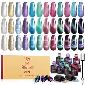 ROSALIND Cat Eye Gel Nail Polish with Magnet, 12 PCS Holographic Glitter Purple Blue Red Gel Polish Magnetic and Swirl Shell Thread Effect Sparkle Nail Polish Cateye Gifts for Women