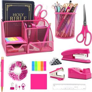 12 in 1 Hot Pink Desk Organizers and Accessories Set, Gifts for Coworkers Women, Office Supplies Stapler Pen Holder Tape Holder Staples Scissors Ruler Staple Remover, Pink