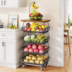 SAYZH Fruit Basket Kitchen Pantry Organizers and Storage - Wooden Top Table, Stackable Metal Wire Basket Stand Cart for Fruit Vegetable Snacks Onion Potato Organization (Black, 5 Tiers)