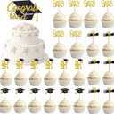 2026 Graduation Cupcake Toppers, 24+1 PCS Class of 2026 Cake Topper, Sparkling Black and Gold Grad Cap Diploma Picks for Graduation Party Decorations, Standard