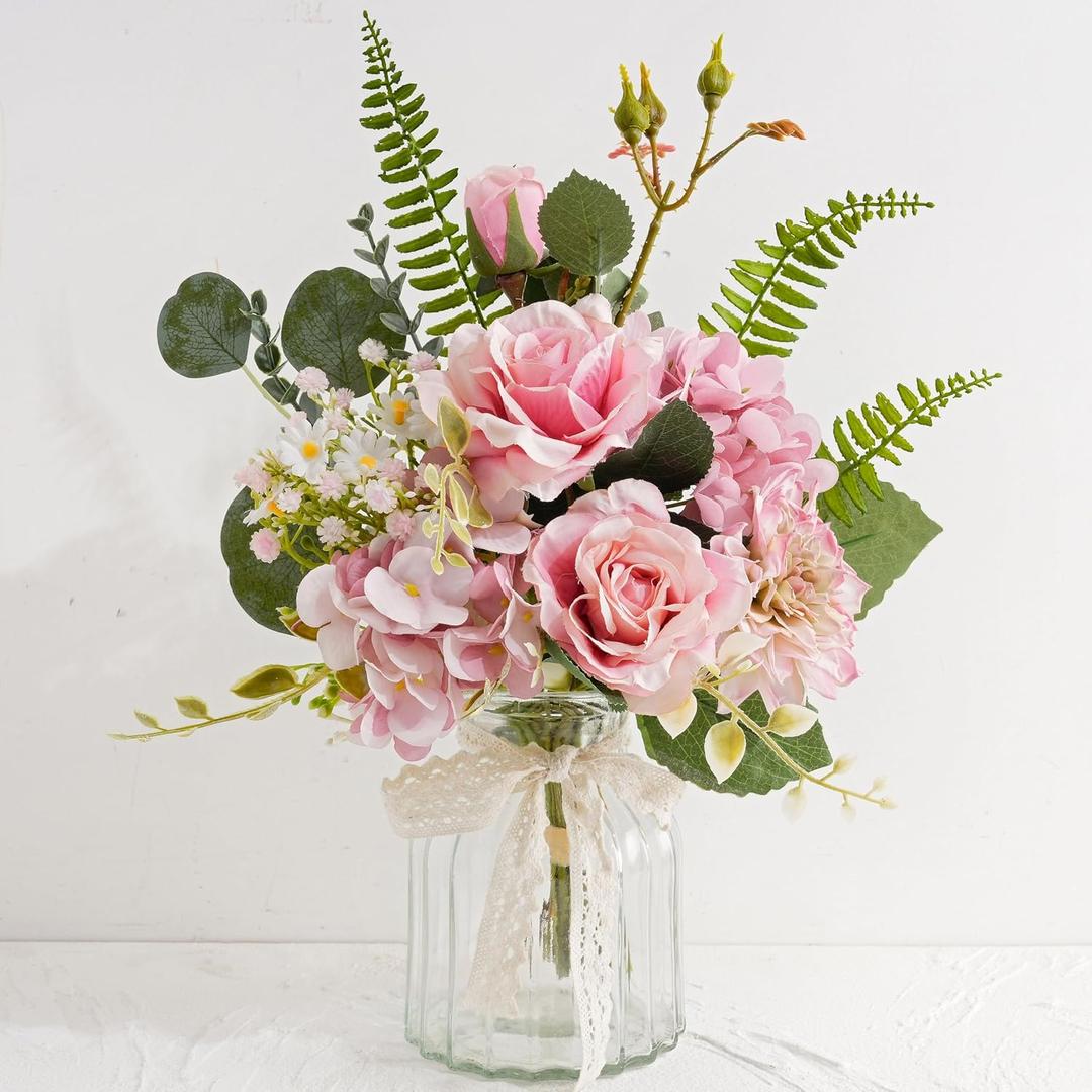 LUEUR Fake Flowers with Vase  Artificial Pink Dahlia & Hydrangea Arrangement, Spring Floral Centerpiece for Coffee Table, Dining Room, Living Room & Farmhouse Home Decor