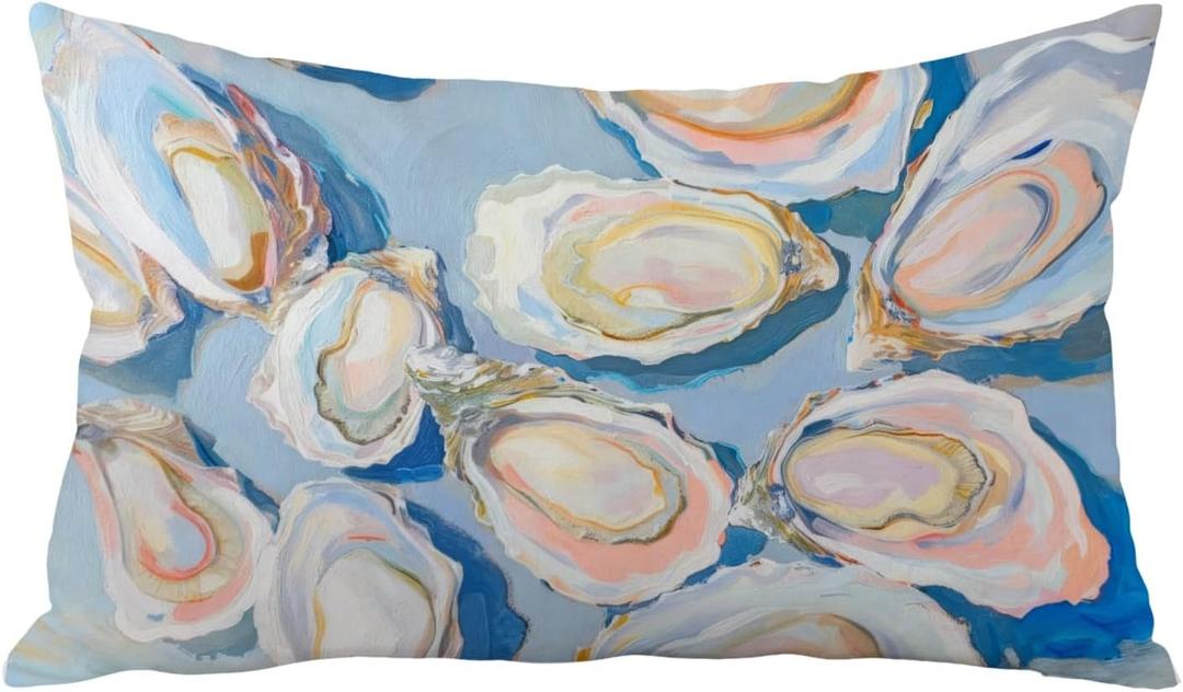 Blue Coastal Pillow Cover 12x20, Preppy Beach Room Decor, Pastel Nautical Coastal Lumbar Pillow Cover Decor for Girls Room Beach House Cabin Home (Blue Oyster Seashell)