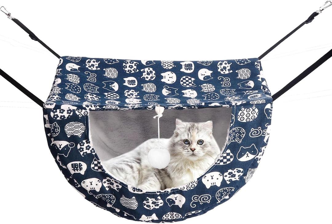 Cat Hammock for Cage with Ball,Hanging Pet Hammock Bed Adjustable, Double Layer Soft Sleeping Hammock for Cats, Ferret, Puppy,Rabbits,Small Animals, 1Pack (Blue)