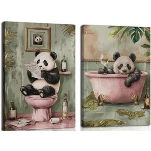Funny Bathroom Wall Art Set of 2, Panda on Toilet and in Bathtub Wall Decor Paintings, Cute Animal Canvas Prints Pictures Aesthetics Home Decor for Bathroom Restroom 12x16 Inch Framed