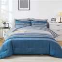 Dobuyly Grayish Blue Queen Comforter Set 7 Pieces, Boho Striped Bed in a Bag Queen Size Soft Microfiber All Season Grey Bedding Set with Comforter, Sheets, Pillowcases & Shams