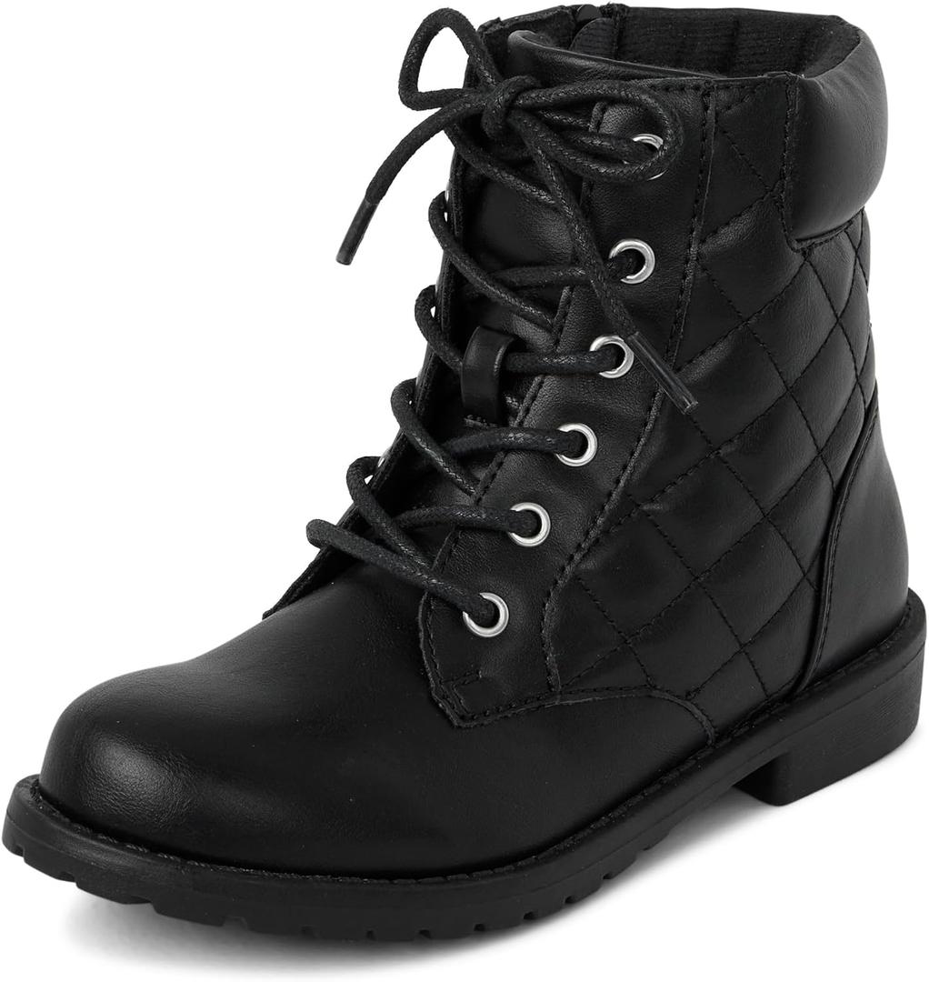 The Children's Place Girls' Girls Lace Up Combat Boots (2 Big Kid, Black Quilted)