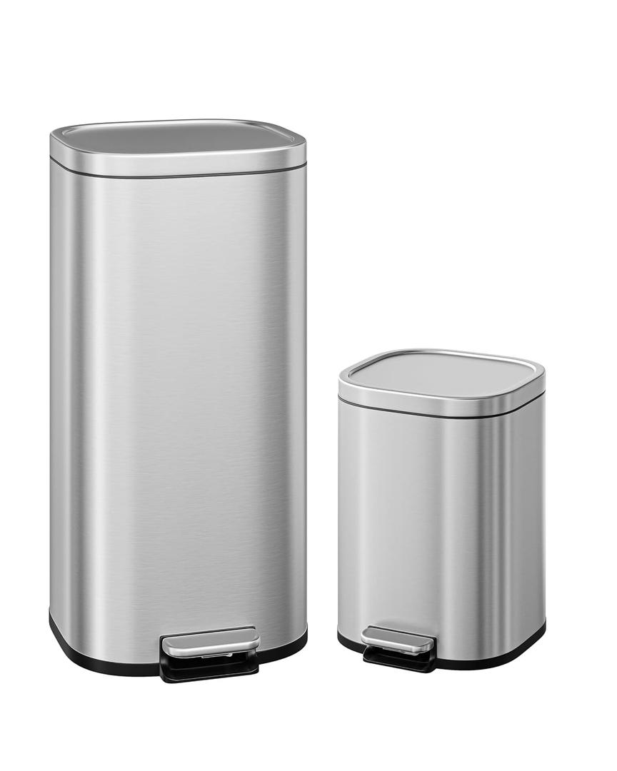 Garvee 30L & 6L Stainless Steel Step Trash Can Set of 2, 8+1.6 Gallon Rectangular Kitchen Trash Can with Quiet Close Lid, Hands-Free Foot Pedal, Powder-Coated Finish, Stainless Steel Color for Home
