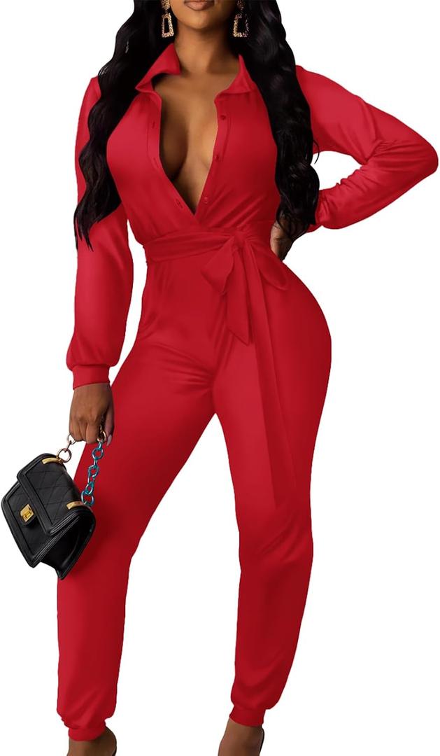 BestGirl Women's Sexy Turn Down Collar Long Sleeve Beam Foot Jumpsuits (Red, XL)