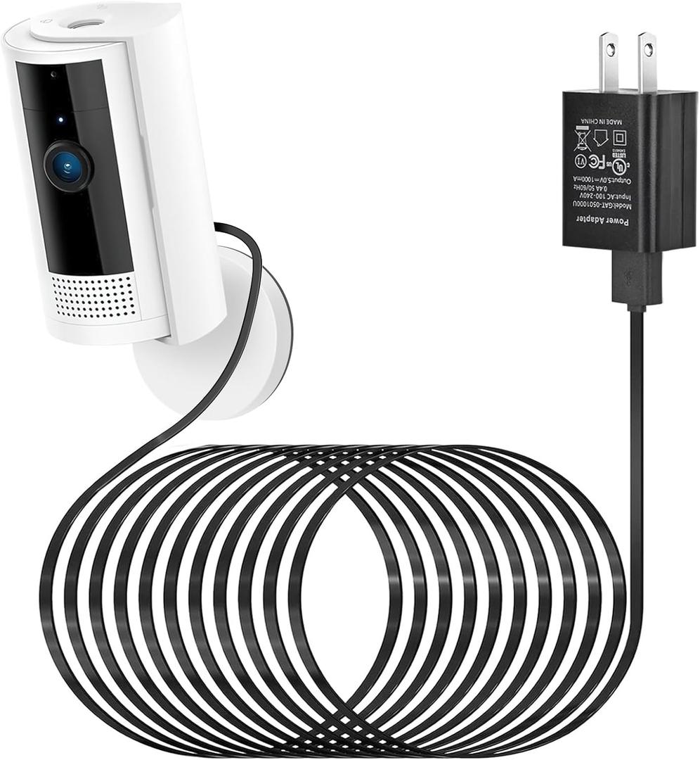 ALERTCAM Power Adapter for Ring/Indoor Cam (2nd Gen) and Indoor Cam(1st Gen), with 25Ft/7.5m Flat Charging Cable Continuously Charge Your Camera (NOT Compatible with Stick Up Cam) (Black)