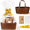 Wonderjune Leather Empty Gift Basket with Gift Bags Ribbons Greeting Cards Large Small Empty Basket Bag with Handle for Mother's Day, Birthday,easter, Housewarming Gift(Brown,Small)