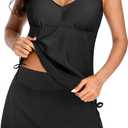 Daci Tankini Swimsuit for Women Tummy Control Bathing Suits with Skirt Two Piece Drawstring Tank Top with Swimdress (Large, Black)