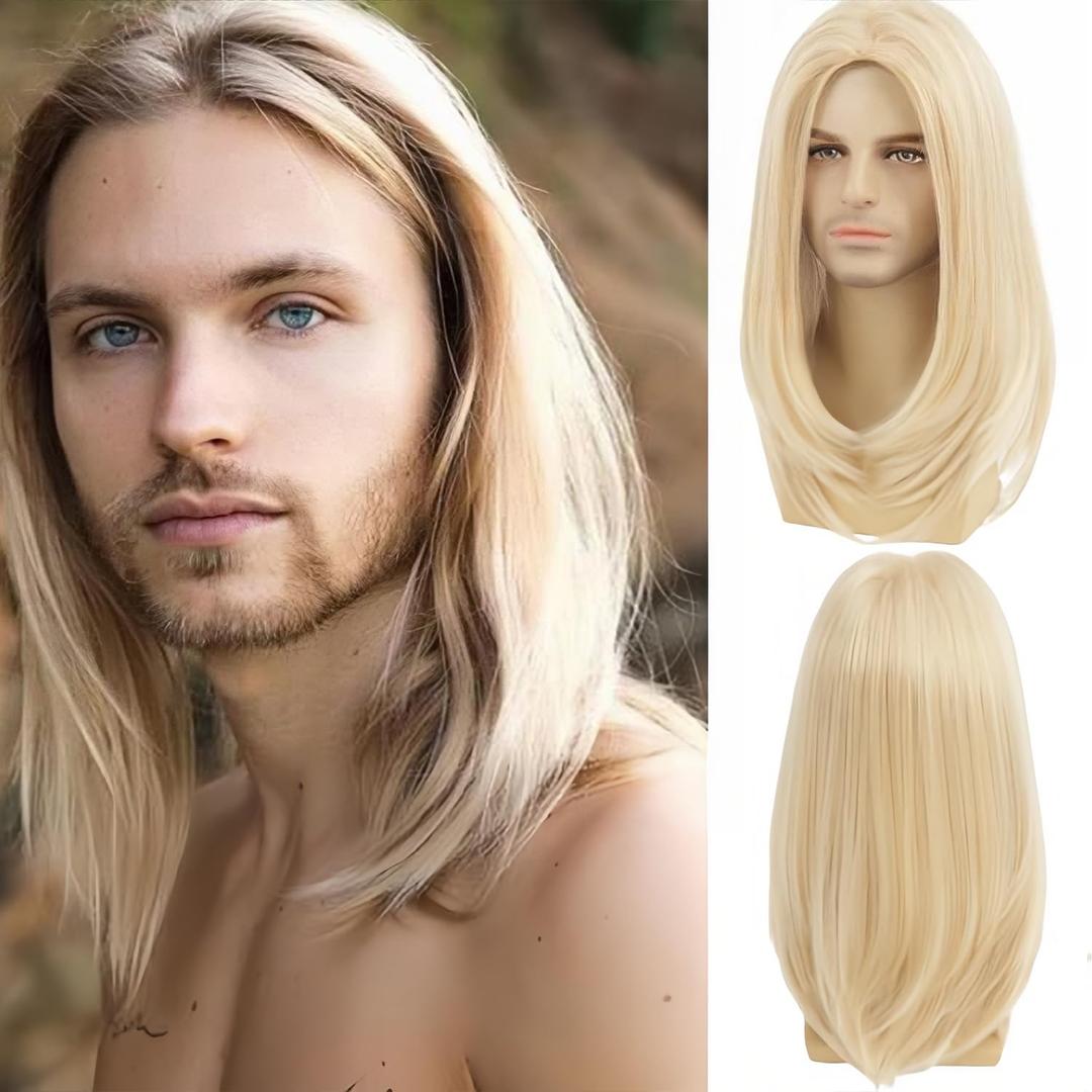 Mens Long Blonde Straight Wig Middle Part Heat Resistant Men Wigs for Daily Party Costume Halloween