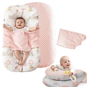 Baby Lounger Pillow, 2-in-1 Infant Lounger Pillow for Newborn 0-24 Months for Tummy Time, 2 Sides Soft & Breathable 100% Cotton Cover, Portable Baby Nest, Newborn Essentials & Gifts for Babies (Pink)
