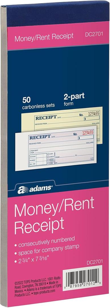 Adams Money and Rent Receipt Book, 2-Part, Carbonless, 2.75 x 7.19 Inch, 50 Sets, White and Canary (DC2701)