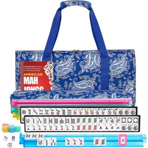 American Mahjong Set, 166 White Tiles with 4 Colors Acrylic Racks, Pushers, Flower Carrying Bag, Portable Travel Set, 18.5 X 3.15 X 0.95 Inches