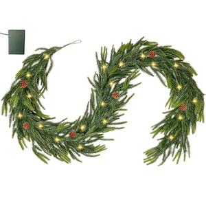 Crblowh 6 Ft Norfolk Pine Garland, Christmas Garland with Lights Automatic ON/Off, Christmas Decorations Indoor Outdoor, Real Touch Artificial Cedar Garland for Table, Fireplace, Mantle, Wall