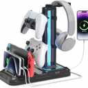 KDD Headset Stand with Charging Station - Detachable Controller Holder with 9 Light Modes - Rotatable Headphone Hanger with USB A&C Charger Ports - Earphone Hook for PC Gaming Accessories Storage