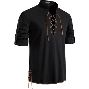 JEMITOP Men's Pure Cotton Retro Lace Up Shirts for Renaissance Pirate Medieval Viking (Black, XL)