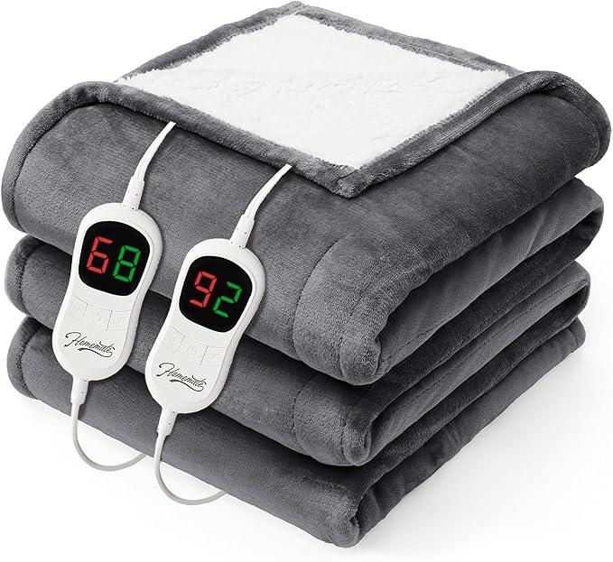 Homemate Electric Heated Blanket Queen Size - 84"x90" Heating Blanket Queen Size Dual Control 1/2/4/6/8 Hours Auto-Off 10 Heat Level Over-Heat Protection Soft Flannel Sherpa ETL Certification